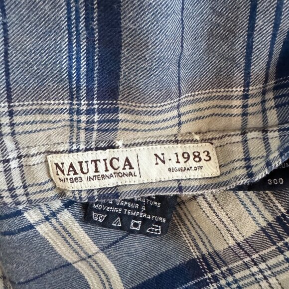 Nautica Blue & White Plaid Long Sleeve Cotton Flannel Shirt Large - Picture 8 of 8